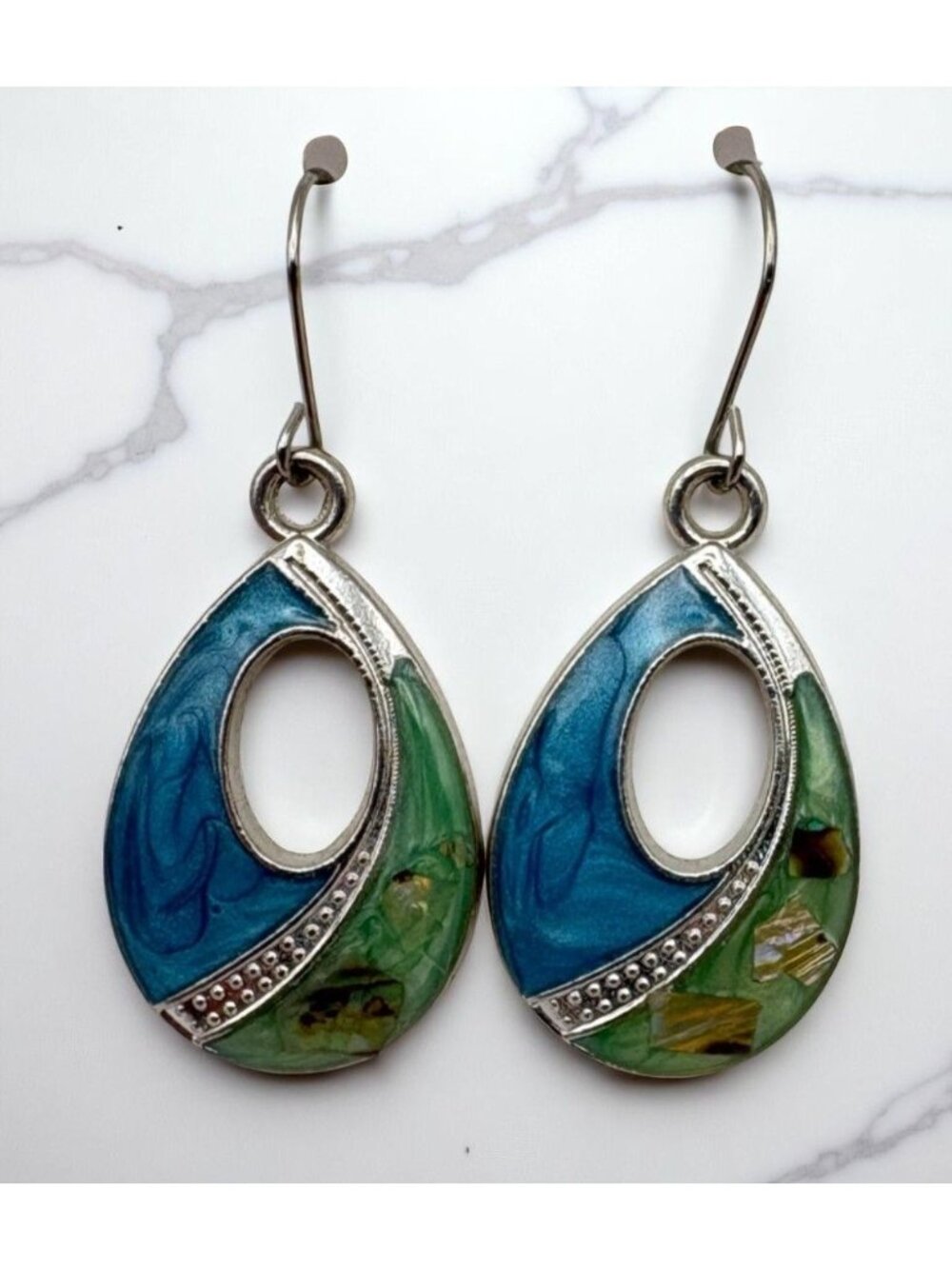 Blue Green Teardrop Dangle Earrings Silver Tone Enamel Swirl with MOP Inlay